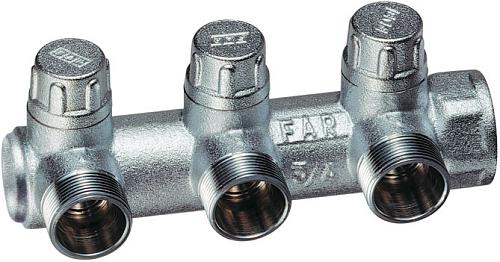 Far Запорный коллектор 3/4" с 3 отв. 1/2"НР, концевой. Трубная резьба евроконус.